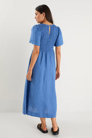 Wren Cornflower Blue Linen SS Shirred Bodice Midi Dress