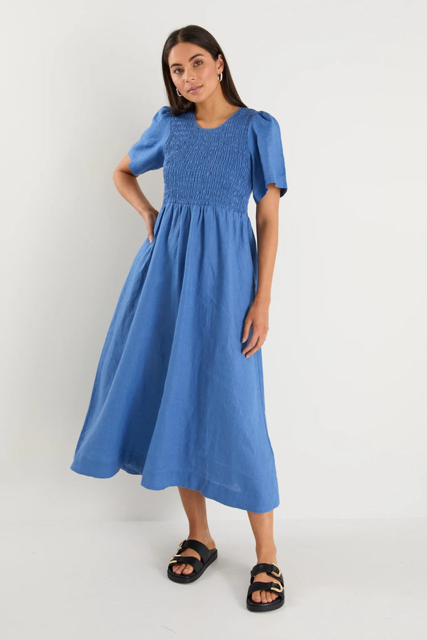 Wren Cornflower Blue Linen SS Shirred Bodice Midi Dress