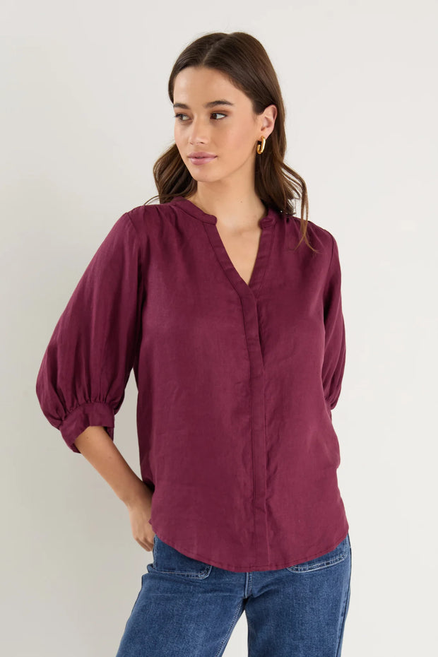 Deity Burgundy Linen Button through Blouse