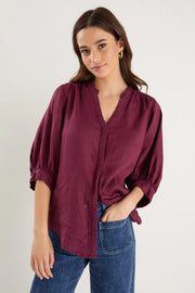 Deity Burgundy Linen Button through Blouse