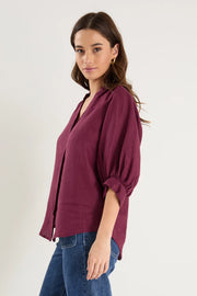 Deity Burgundy Linen Button through Blouse