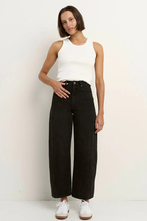 Varsity Black Wash Forward Seam Barrel Jeans