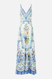 Camilla V-Neck Long Bias Slip Dress with Train in Home Heart