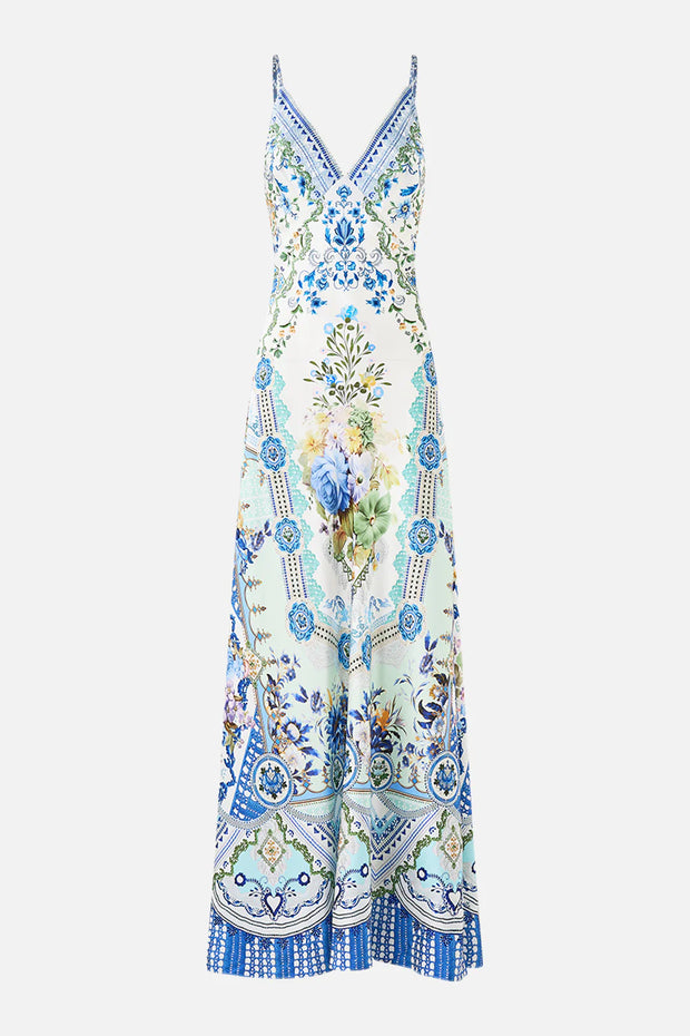 Camilla V-Neck Long Bias Slip Dress with Train in Home Heart