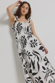 Capricorn Ivory Leaf Print Tie Strap Shirred Midi Dress