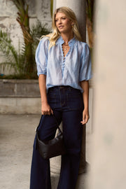 Closure Pale Blue Sheer High Neck Buttoned SS Top