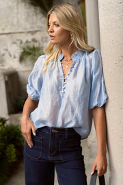 Closure Pale Blue Sheer High Neck Buttoned SS Top