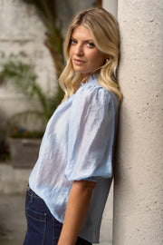 Closure Pale Blue Sheer High Neck Buttoned SS Top