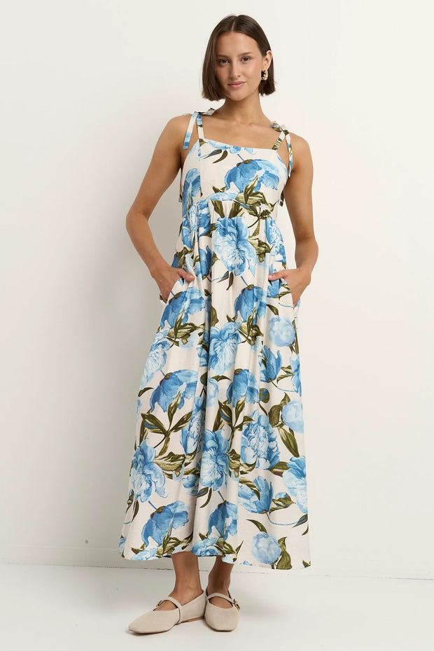 Nimbus Blue Vintage Floral Tie Strap Maxi Dress