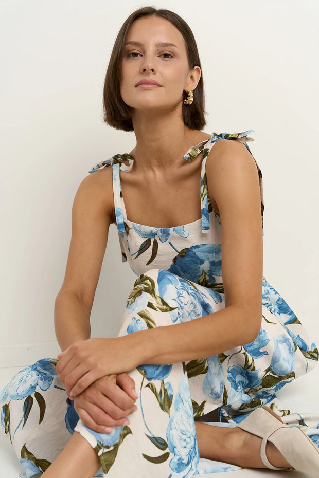 Nimbus Blue Vintage Floral Tie Strap Maxi Dress