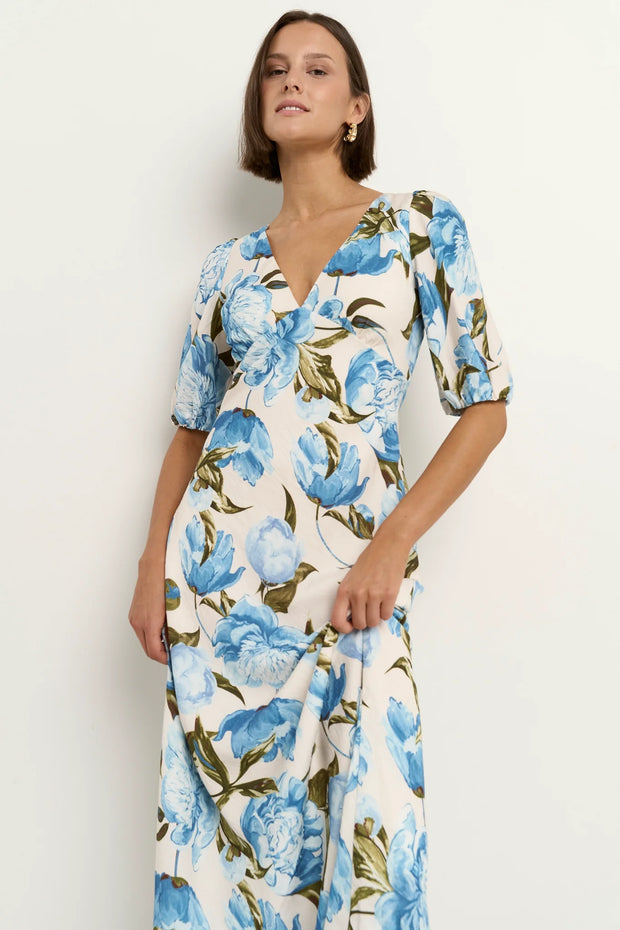 Amora Blue Vintage Floral SS Bias Midi Dress