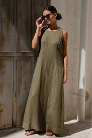 Easygoing Linen Blend Sleeveless Crew Neck Midi Dress - Soft Khaki