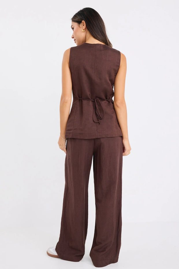 Shelter Chocolate Linen Viscose Flat Front Wide Pants