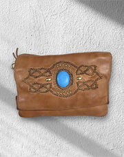 Nico Fold Over Honey Leather with Turquoise
