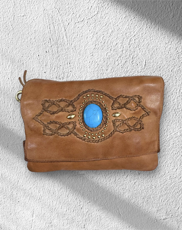 Nico Fold Over Honey Leather with Turquoise