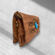 Nico Fold Over Honey Leather with Turquoise