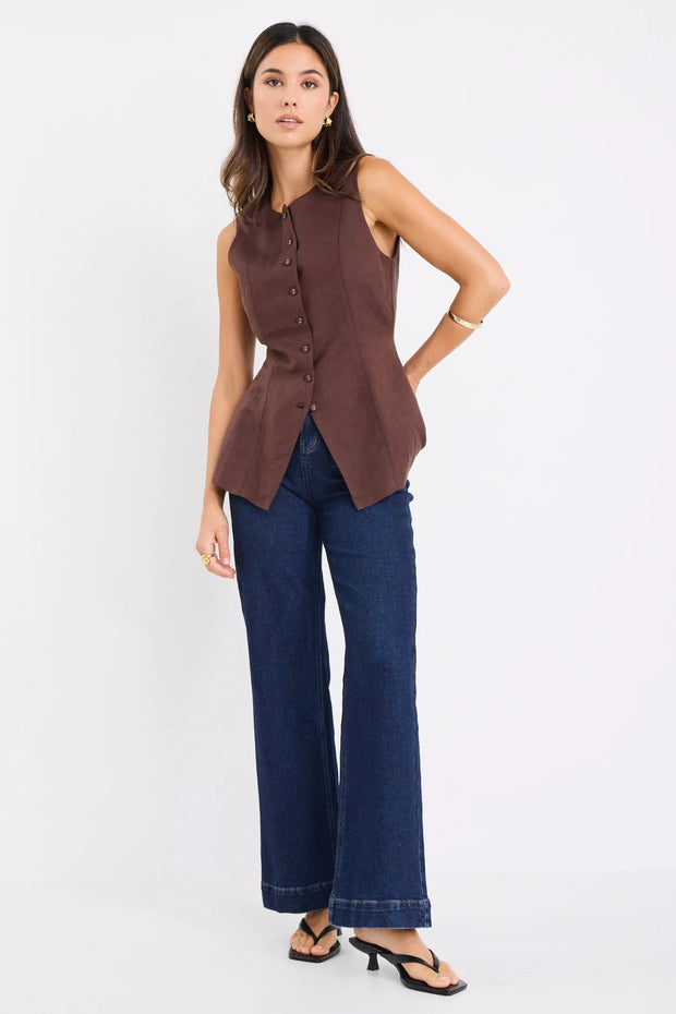 Polarity Chocolate Linen Viscose Crew Neck Fitted Vest