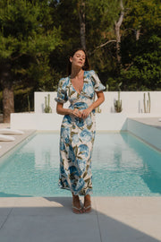 Amora Blue Vintage Floral SS Bias Midi Dress