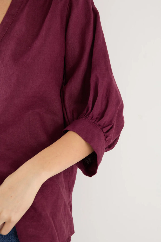Deity Burgundy Linen Button through Blouse