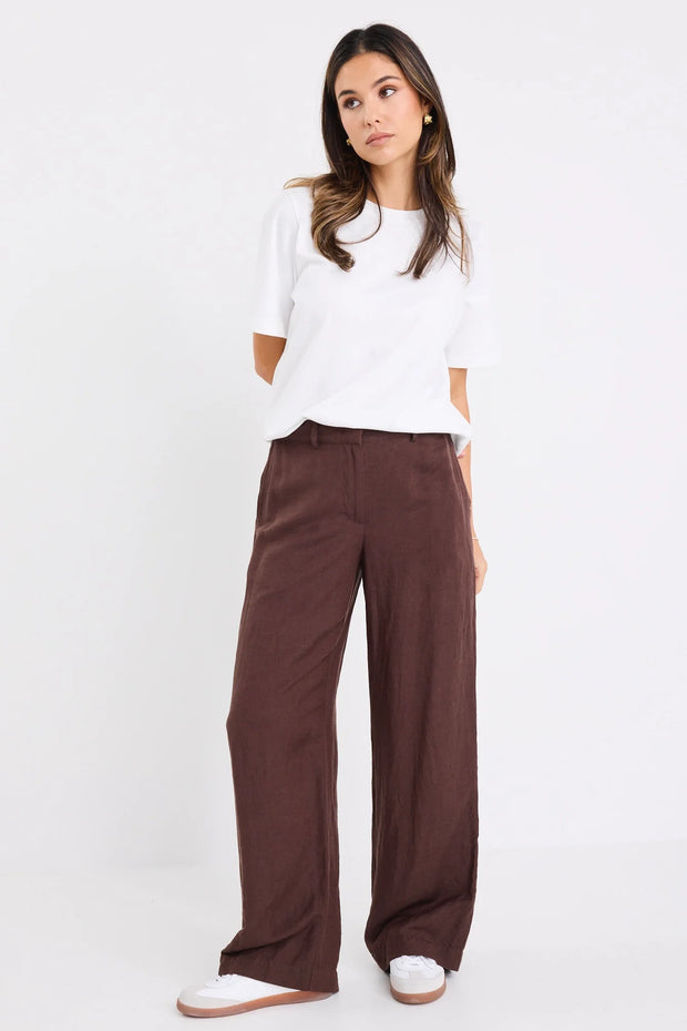 Shelter Chocolate Linen Viscose Flat Front Wide Pants
