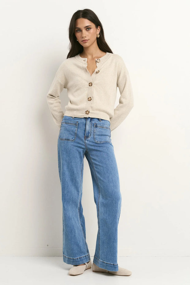 Solar Oat Cotton Fine Knit Crew Cardigan