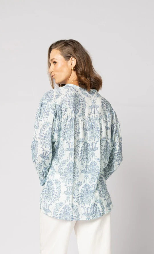 Drama Bloom Blouse Blue Damask
