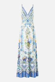 Camilla V-Neck Long Bias Slip Dress with Train in Home Heart