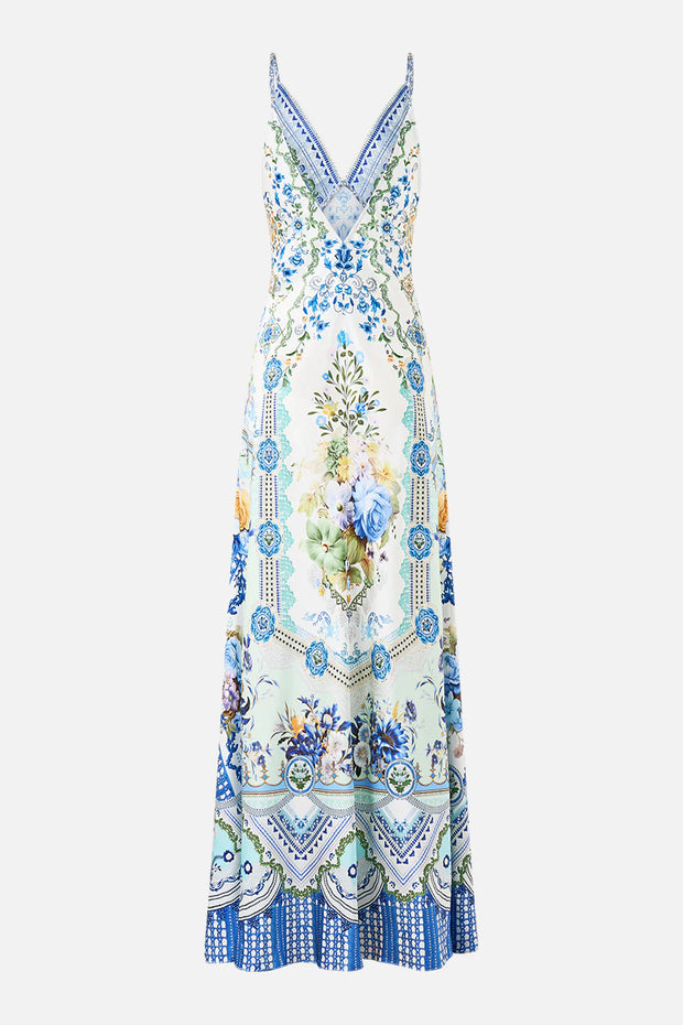 Camilla V-Neck Long Bias Slip Dress with Train in Home Heart