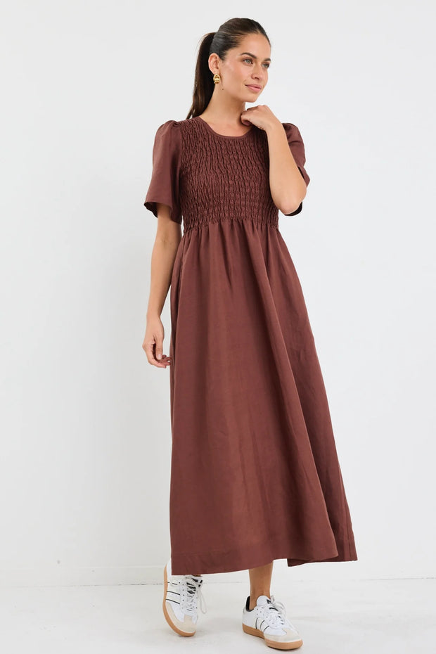 Wren Chocolate Bodice Shirred Dress