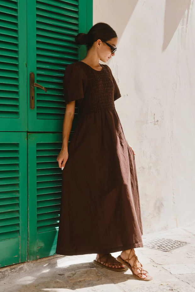 Wren Chocolate Bodice Shirred Dress
