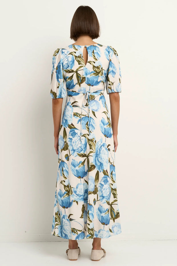 Amora Blue Vintage Floral SS Bias Midi Dress