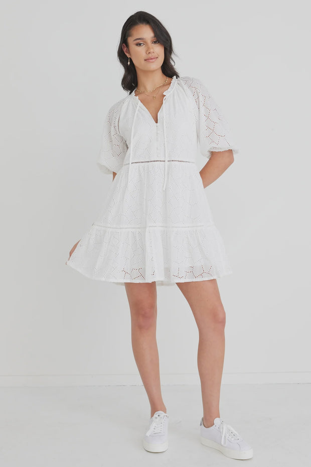 Gemini White Broiderie Balloon Sleeve Mini Dress