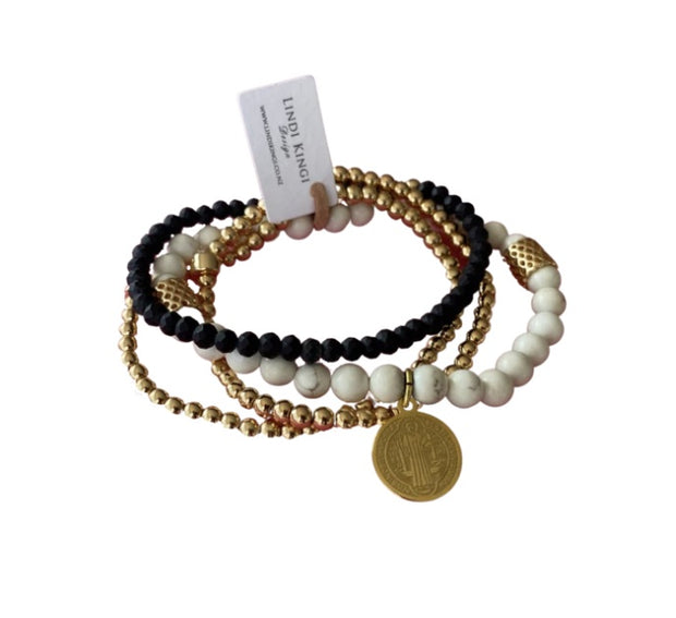 Beaded Bracelet - Gold and Black with Cream Howlite Charm