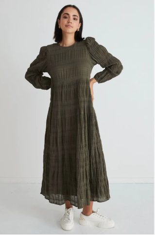 Gigi Khaki Shirred Cotton Maxi Dress
