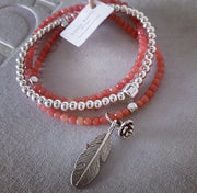 Beaded Bracelet Set - Summer Coral with Silver Charms